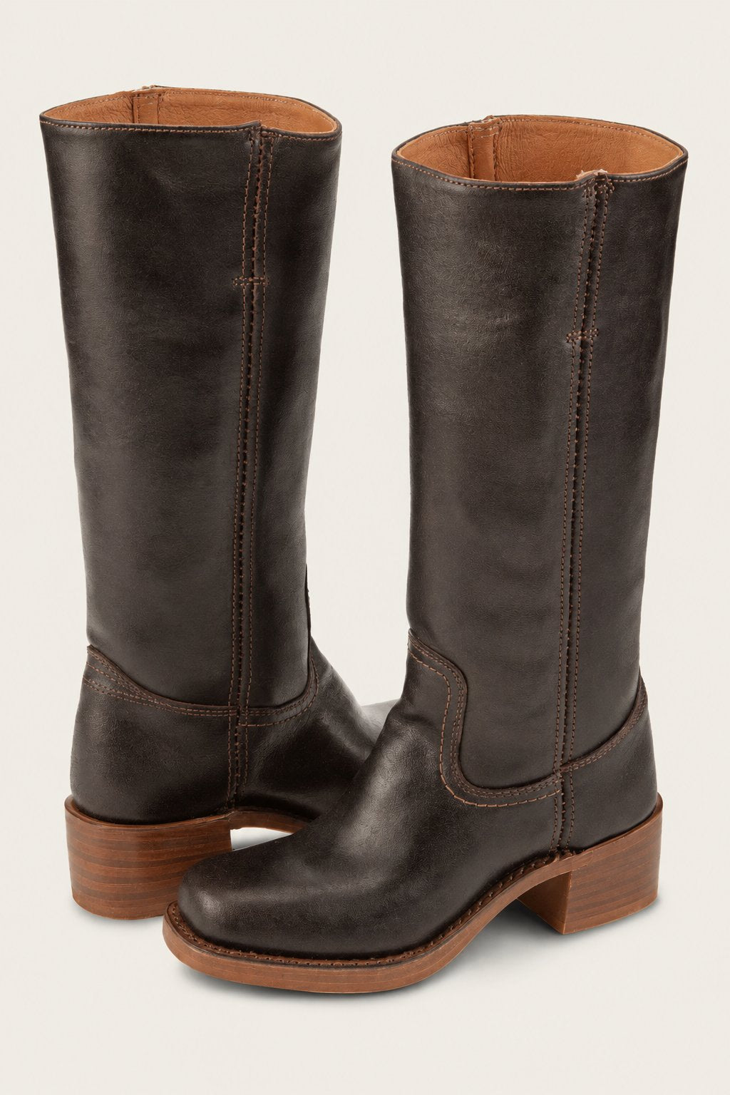 Women's Slim-Fit Leather Knee-High Block-Heel Boots - Brown
