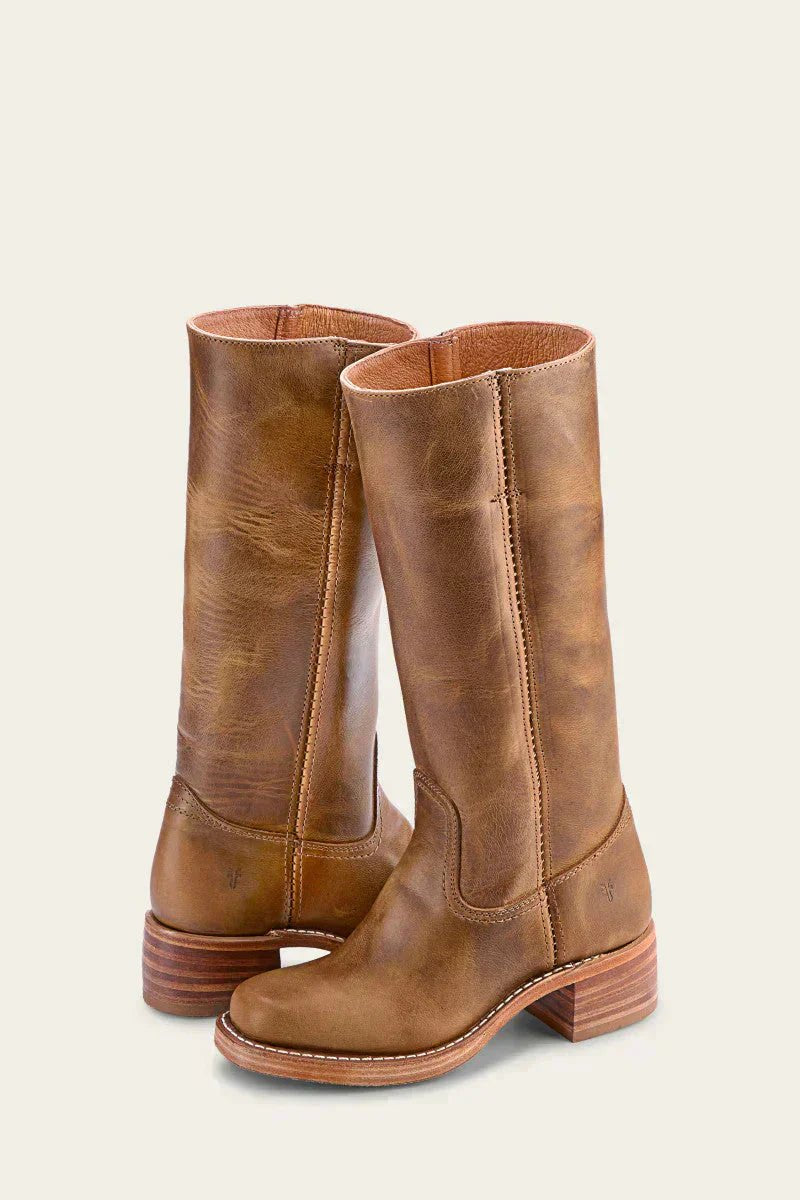 Women's Slim-Fit Leather Knee-High Block-Heel Boots - Khaki