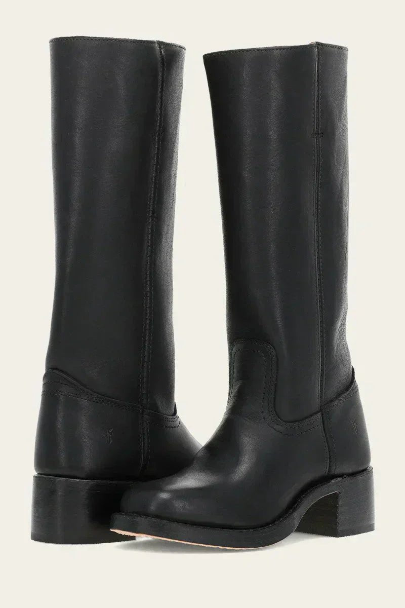Women's Slim-Fit Leather Knee-High Block-Heel Boots - Black