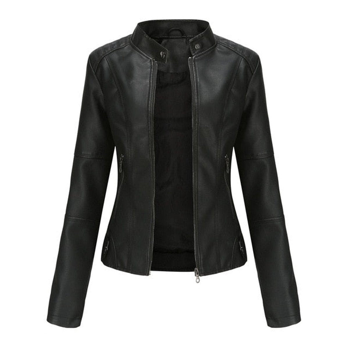 Women's Slim-Fit Stand-Collar Zip-Up Faux Leather Jacket - Black