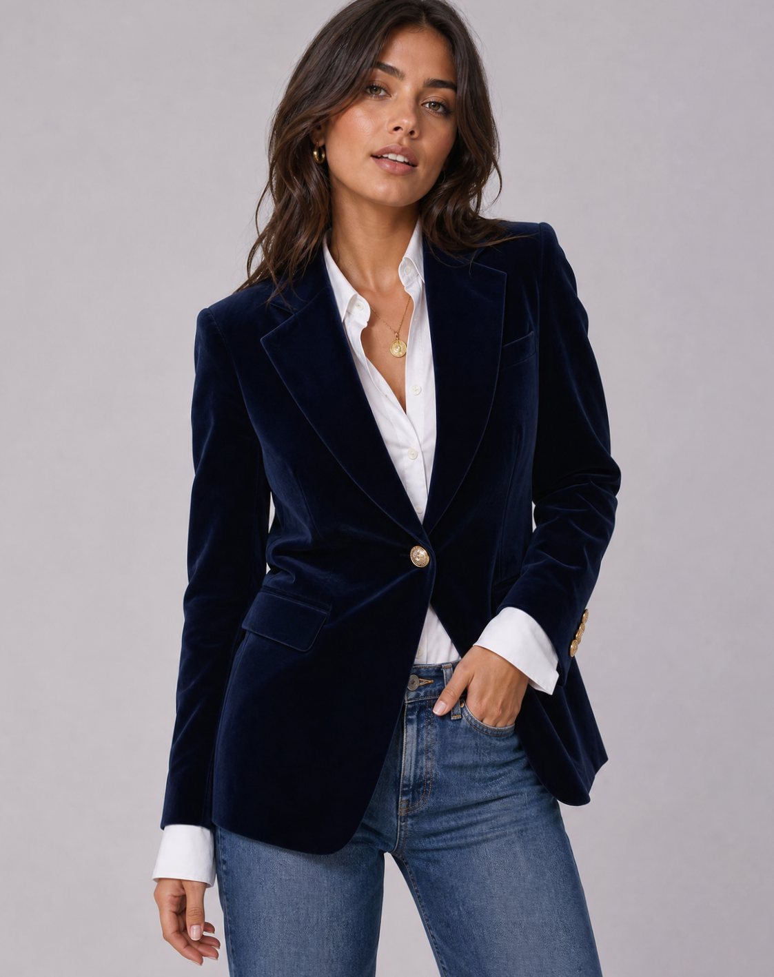 Women's Slim-Fit Structured-Shoulder Velvet Gold-Button Blazer - Navy Blue