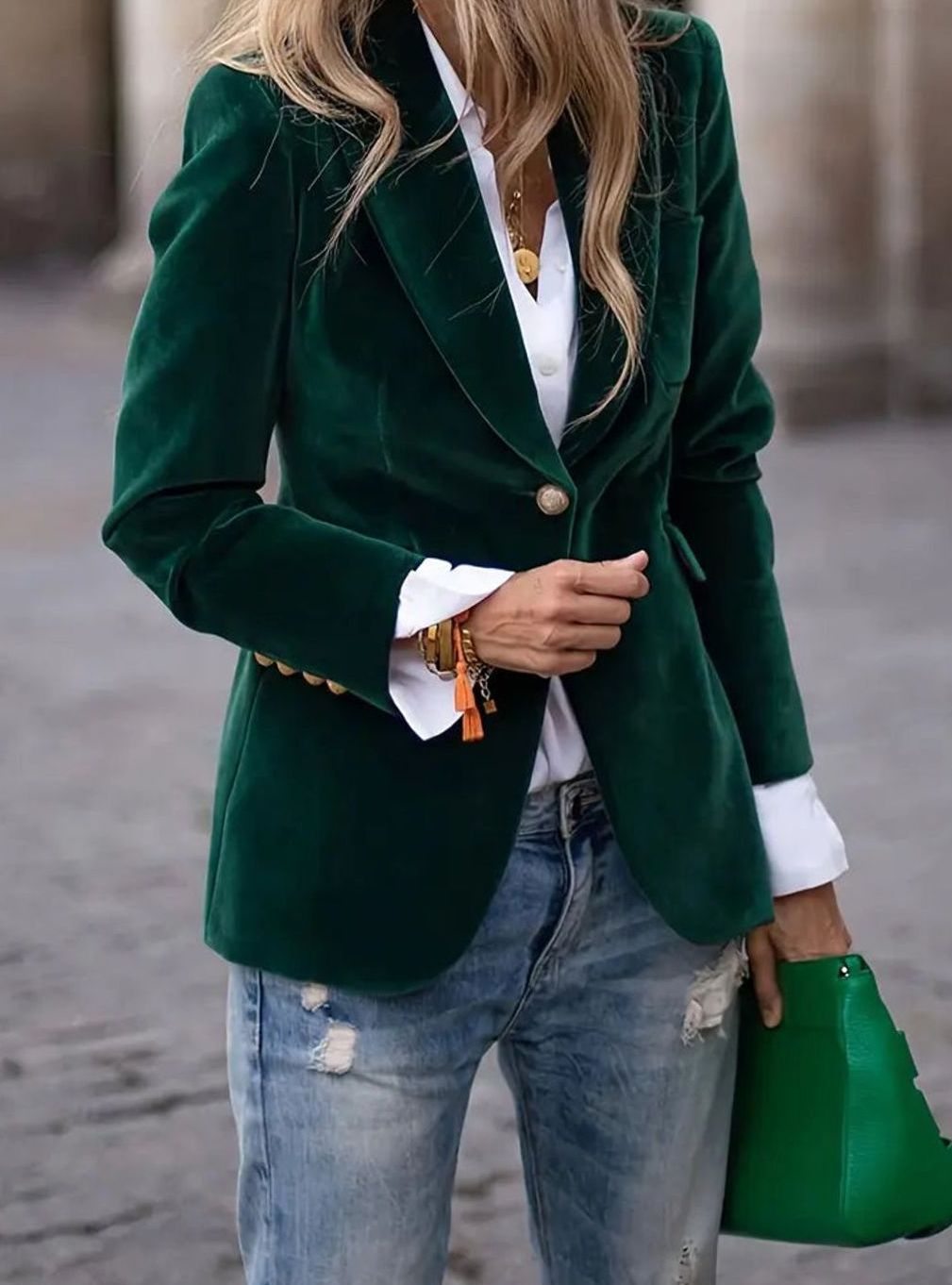 Women's Slim-Fit Structured-Shoulder Velvet Gold-Button Blazer - Green