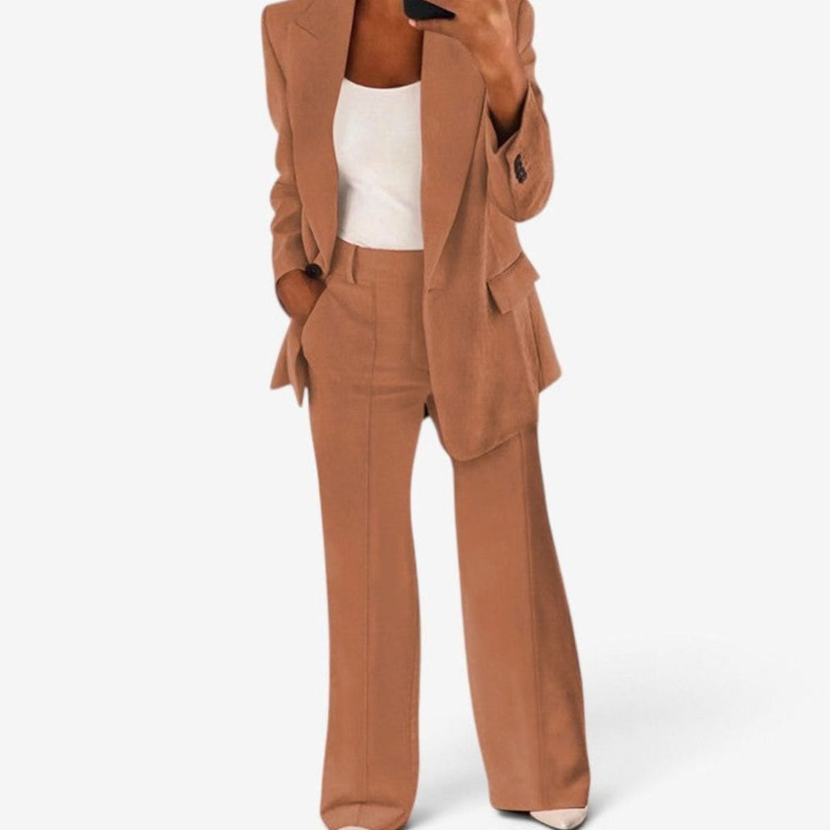 Women's Slim-Fit Two-Piece Blazer Suit Set Wide-Leg Trousers - Brown