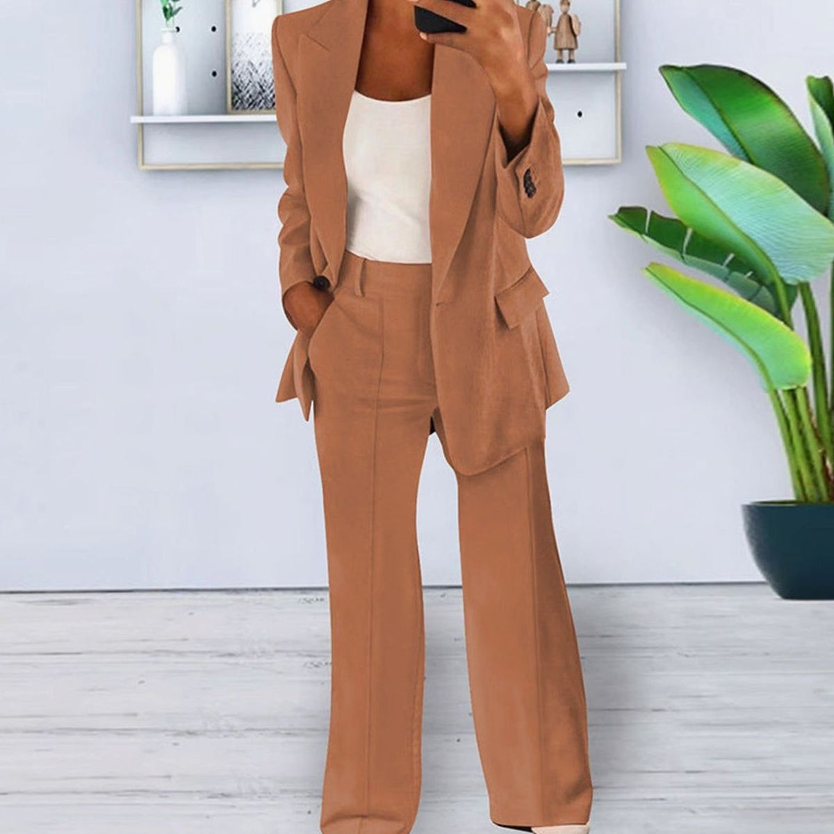 Women's Slim-Fit Two-Piece Blazer Suit Set Wide-Leg Trousers