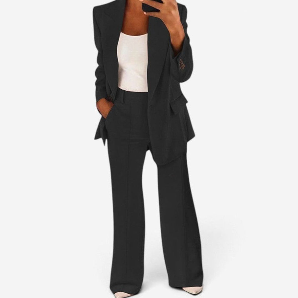 Women's Slim-Fit Two-Piece Blazer Suit Set Wide-Leg Trousers - Black