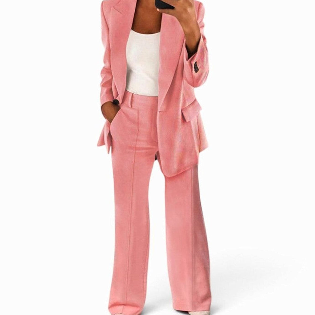 Women's Slim-Fit Two-Piece Blazer Suit Set Wide-Leg Trousers - Pink