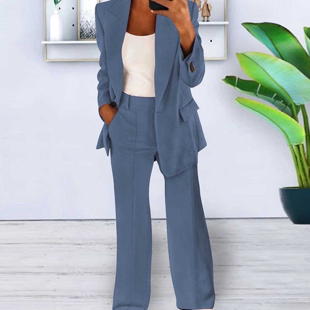 Women's Slim-Fit Two-Piece Blazer Suit Set Wide-Leg Trousers