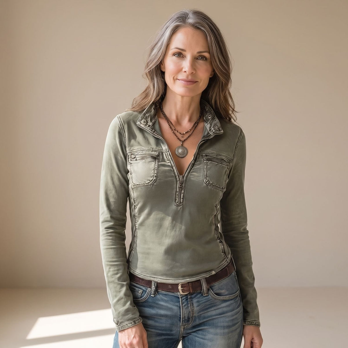 Women's Slim-Fit Western Utility Zip-Up Blouse - Green