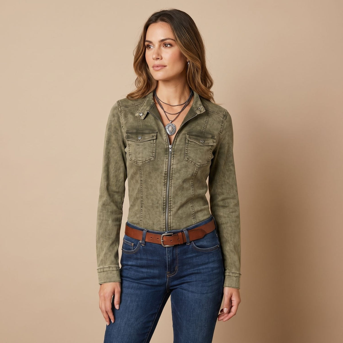 Women's Slim-Fit Western Utility Zip-Up Blouse