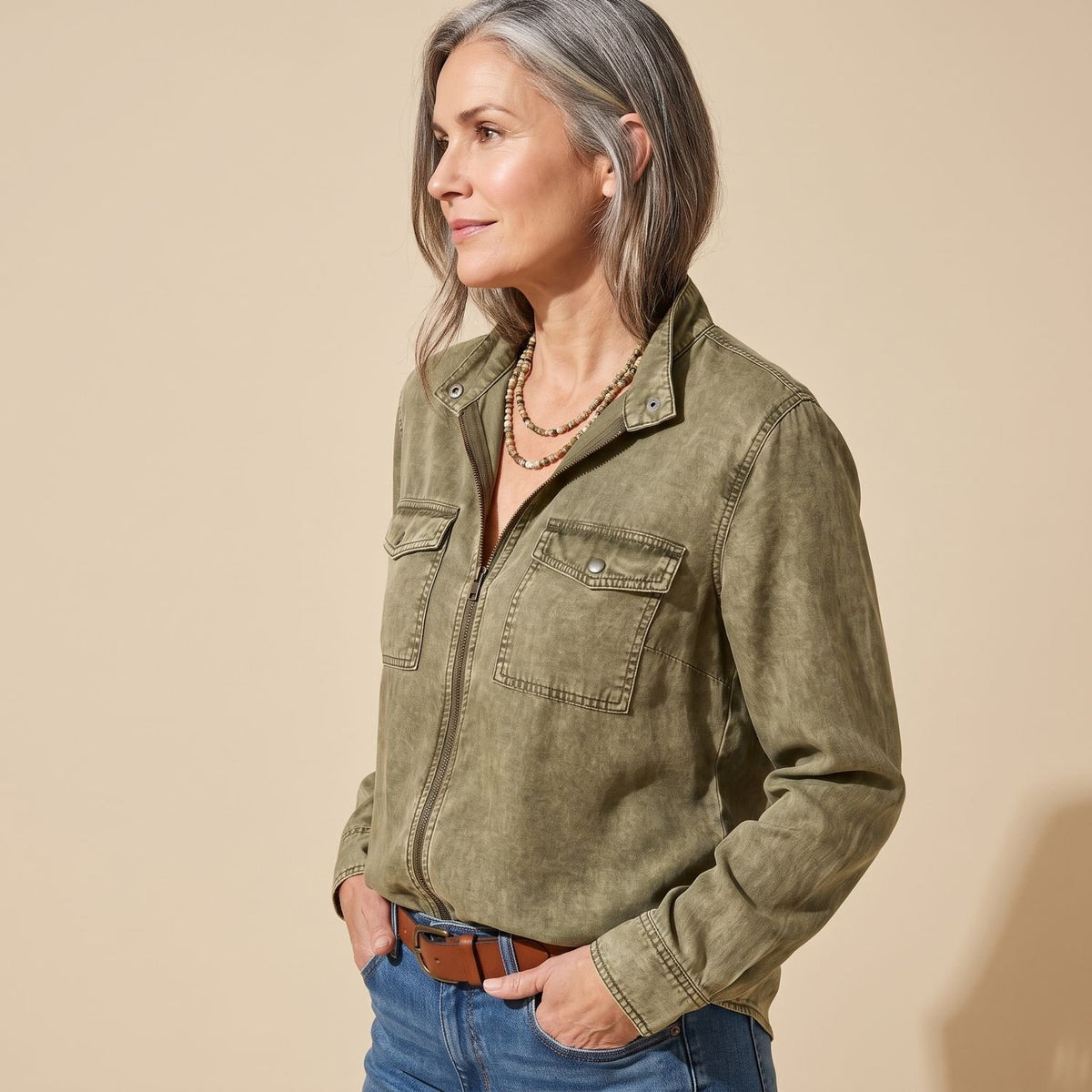 Women's Slim-Fit Western Utility Zip-Up Blouse