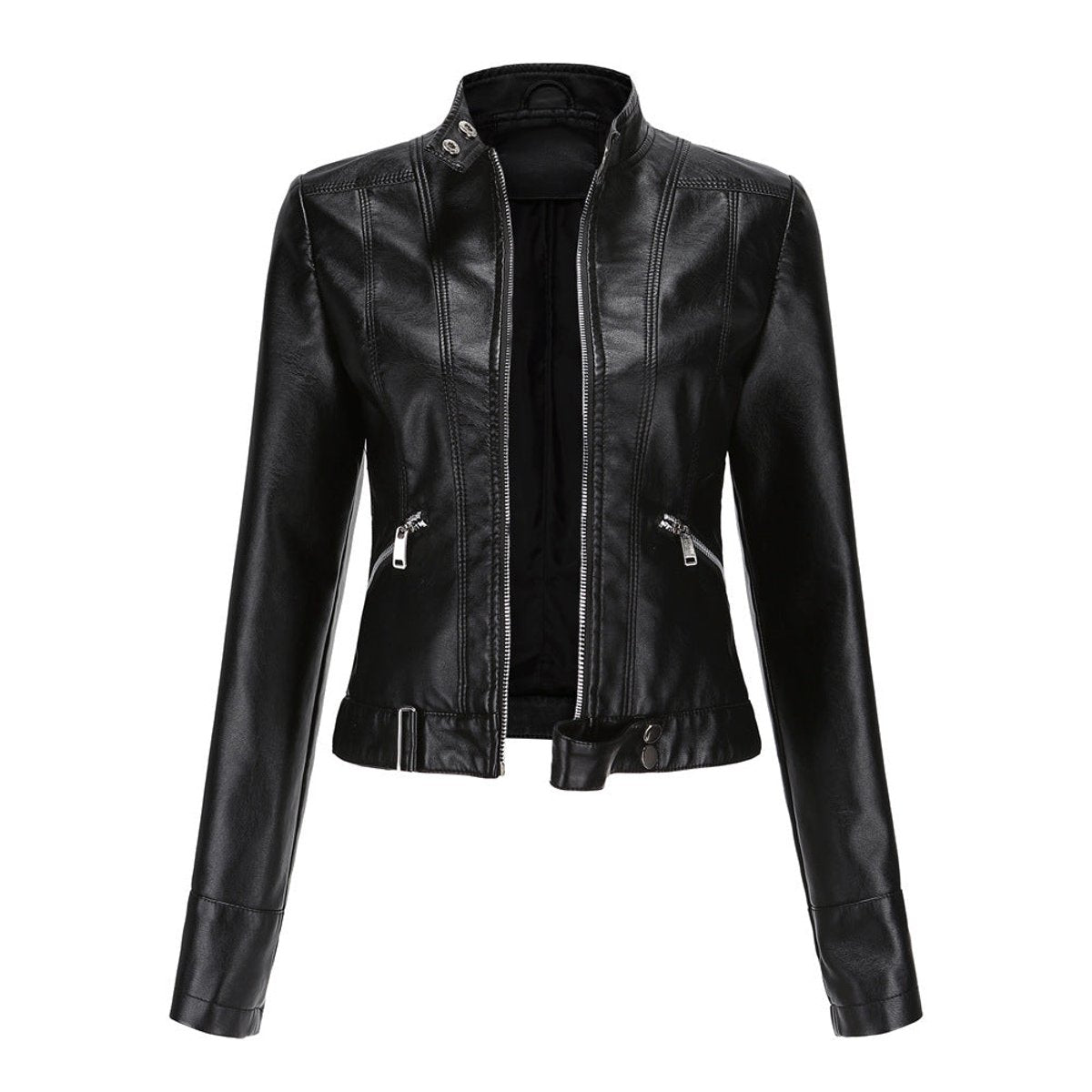 Women's Slim-Fit Zip-Up Biker Faux Leather Jacket - Black