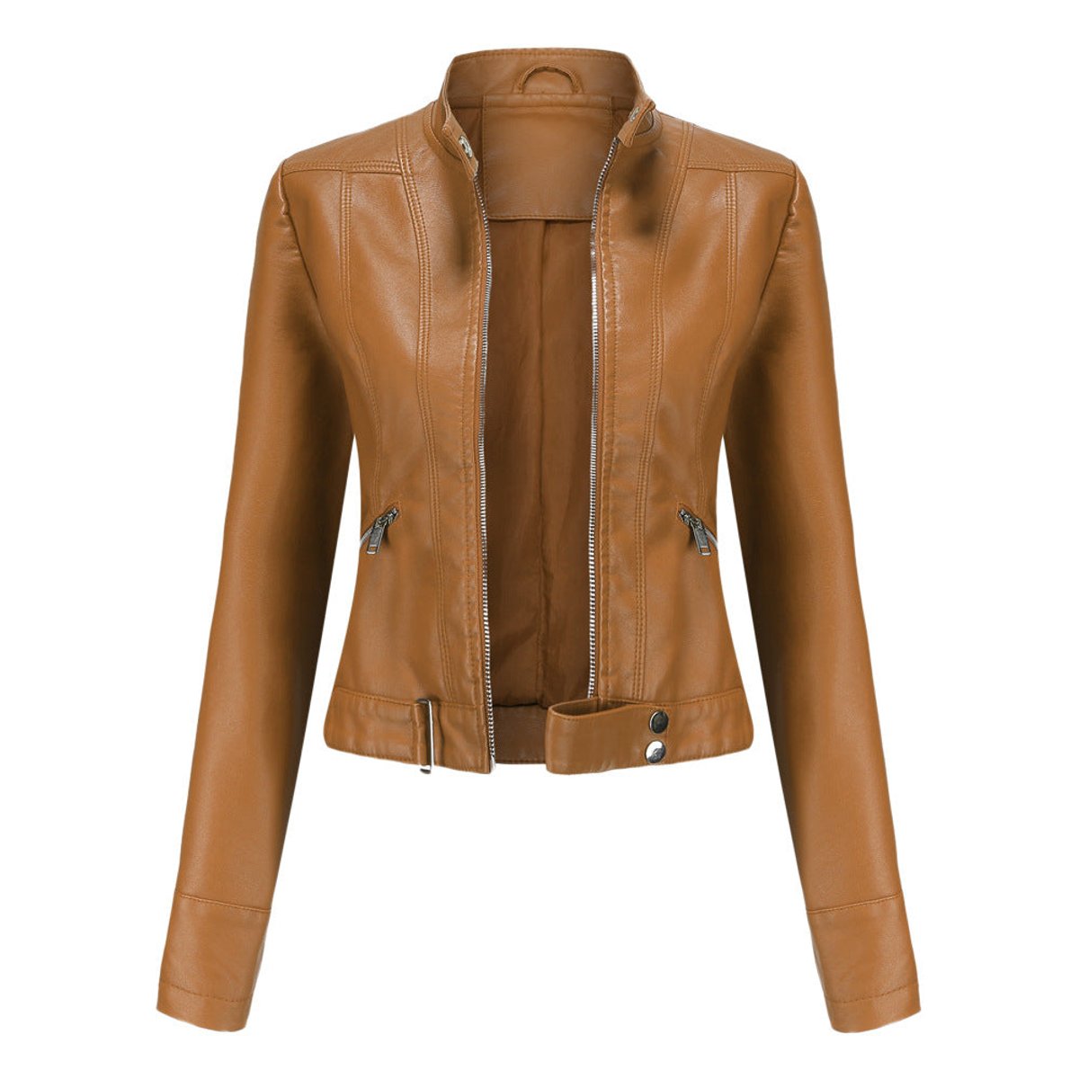 Women's Slim-Fit Zip-Up Biker Faux Leather Jacket - Light Brown