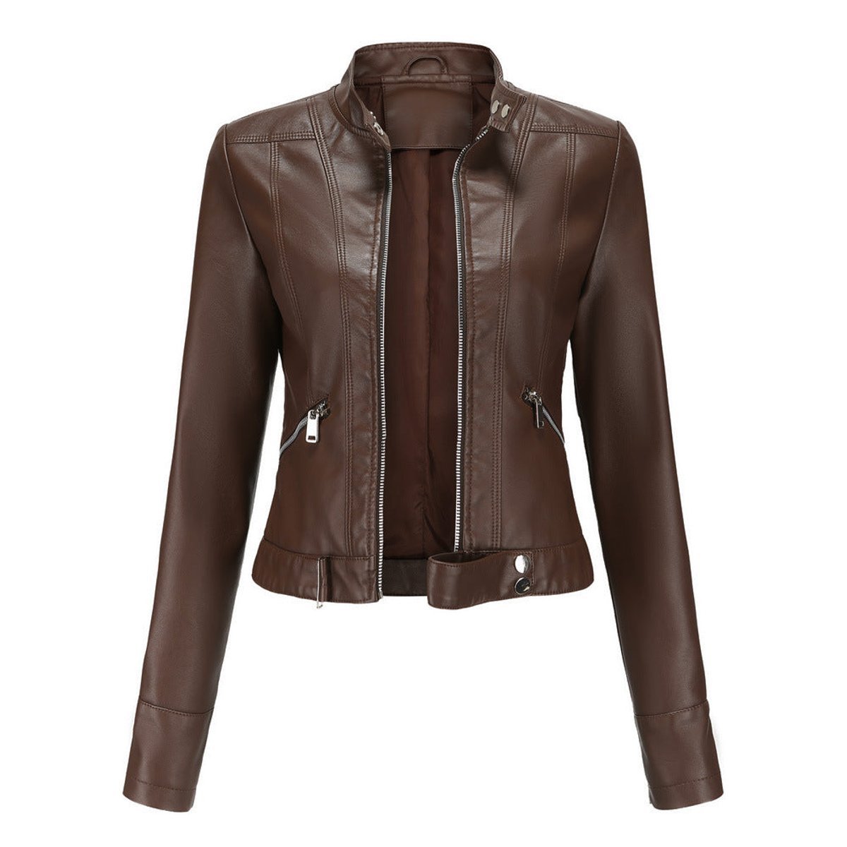 Women's Slim-Fit Zip-Up Biker Faux Leather Jacket - Brown