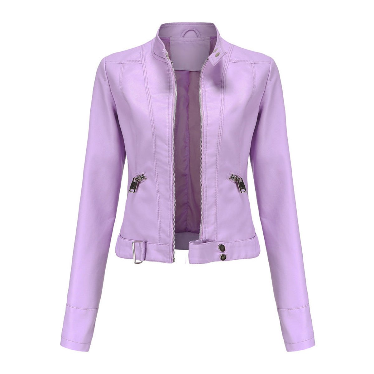 Women's Slim-Fit Zip-Up Biker Faux Leather Jacket - Lilac