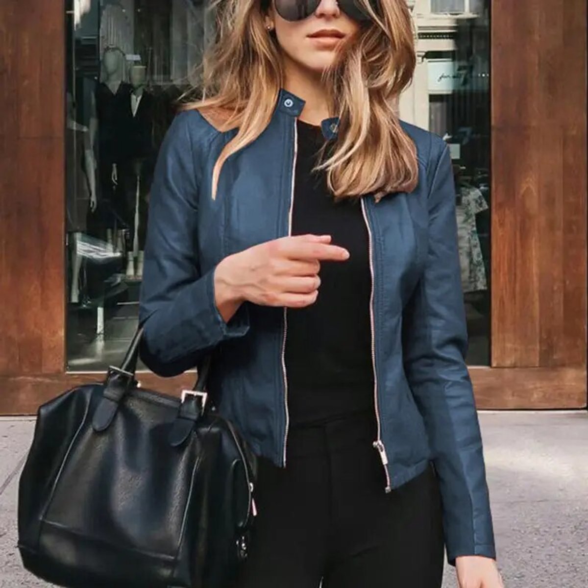 Women's Slim-Fit Zip-Up Faux Leather Biker Jacket - Navy Blue