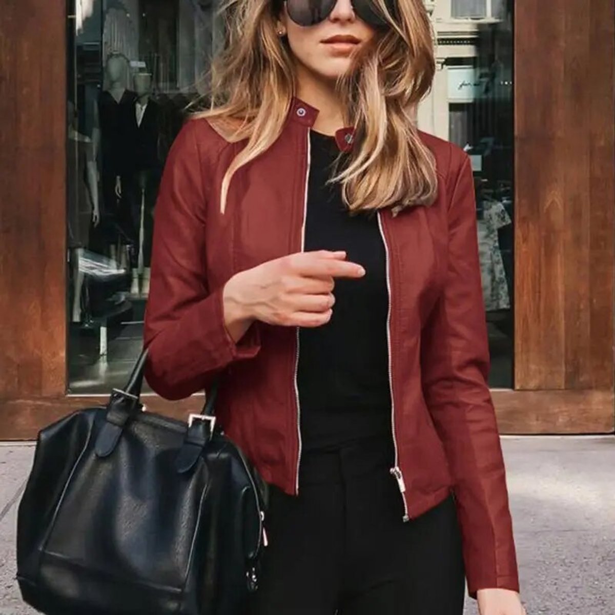 Women's Slim-Fit Zip-Up Faux Leather Biker Jacket - Burgundy