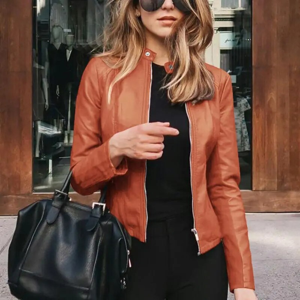 Women's Slim-Fit Zip-Up Faux Leather Biker Jacket - Orange