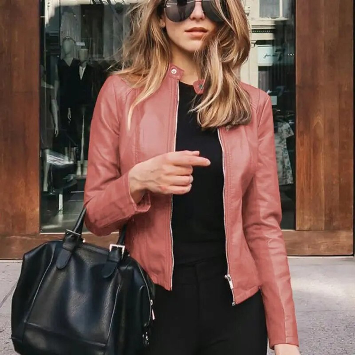 Women's Slim-Fit Zip-Up Faux Leather Biker Jacket - Pink