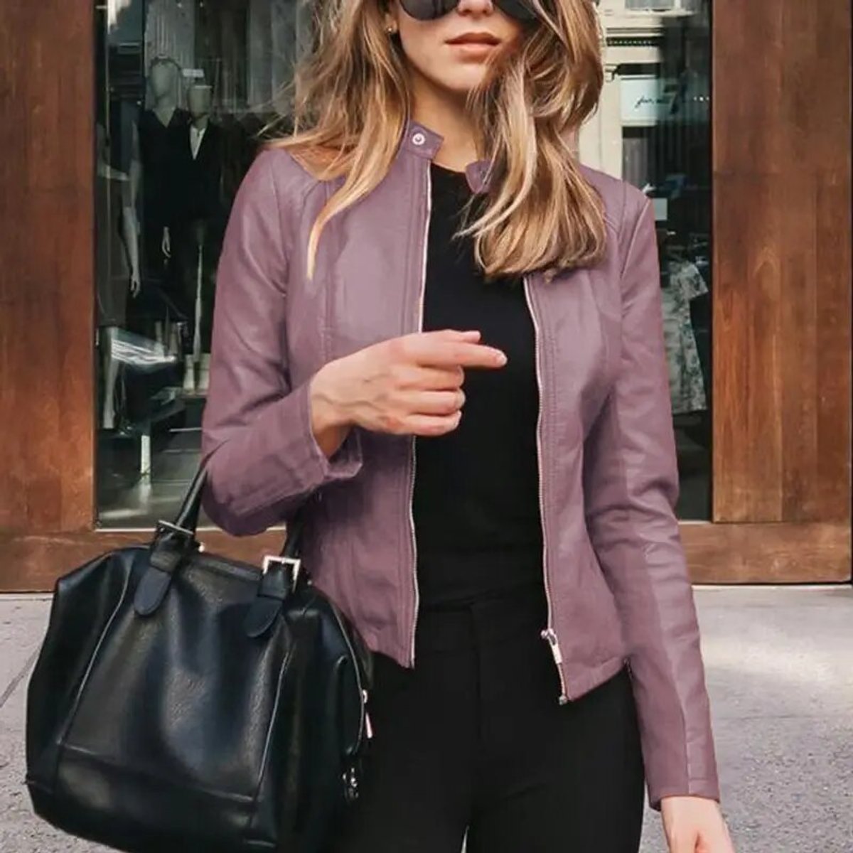 Women's Slim-Fit Zip-Up Faux Leather Biker Jacket - Lavender