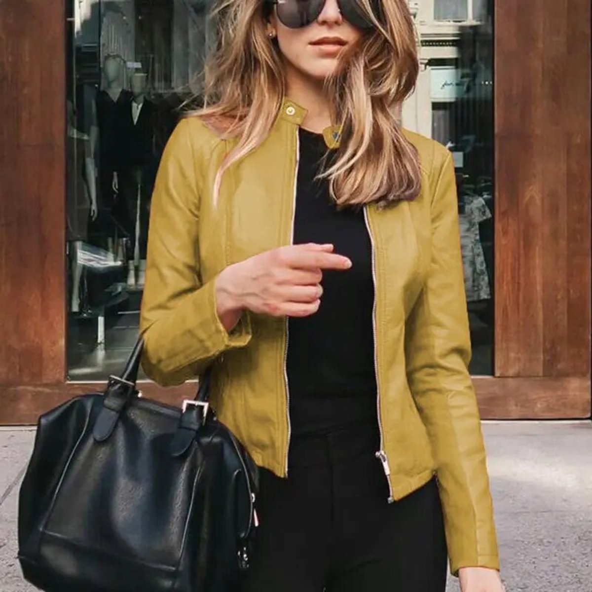 Women's Slim-Fit Zip-Up Faux Leather Biker Jacket - Yellow