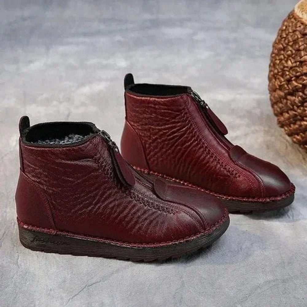 Women's Slip-Resistant Fleece-Lined Leather Ankle Boots - Red