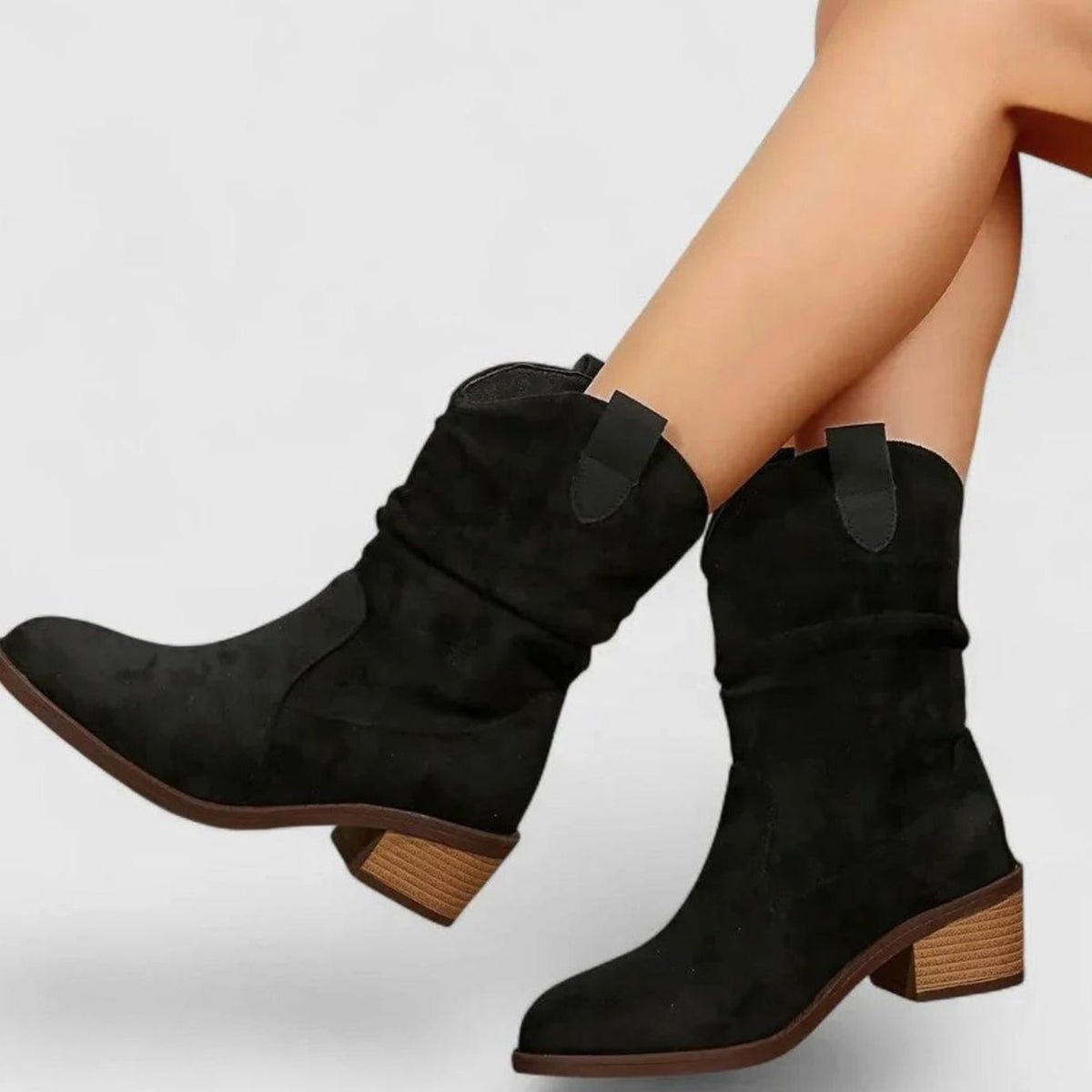 Women's Slip-Resistant Suede Mid-Calf Western Cowboy Boots - Black