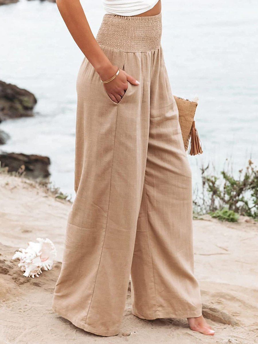 Women's Smocked High-Waist Relaxed Wide-Leg Linen Trousers