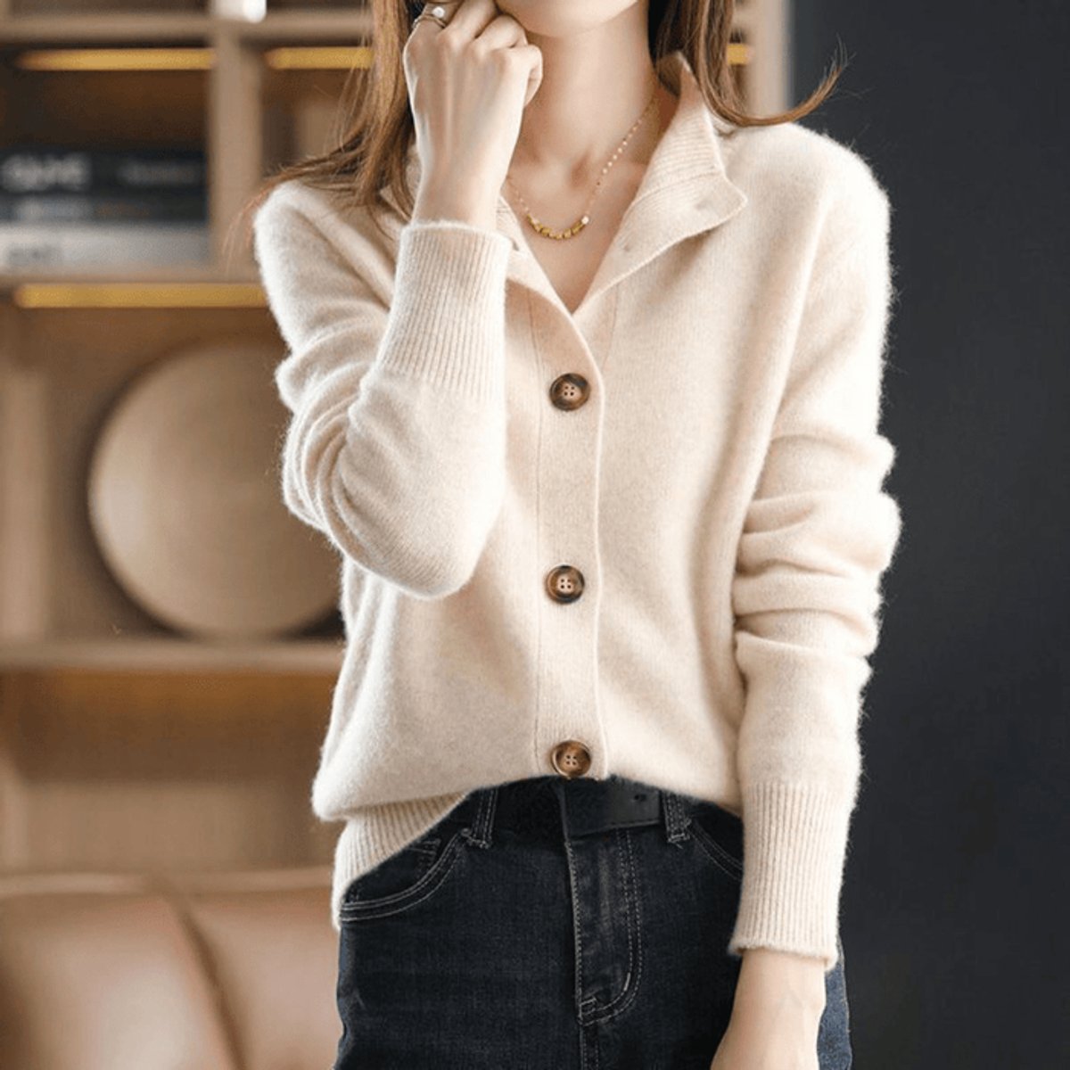 Women's Soft Cashmere Blend Button-Up Knit Cardigan - Beige