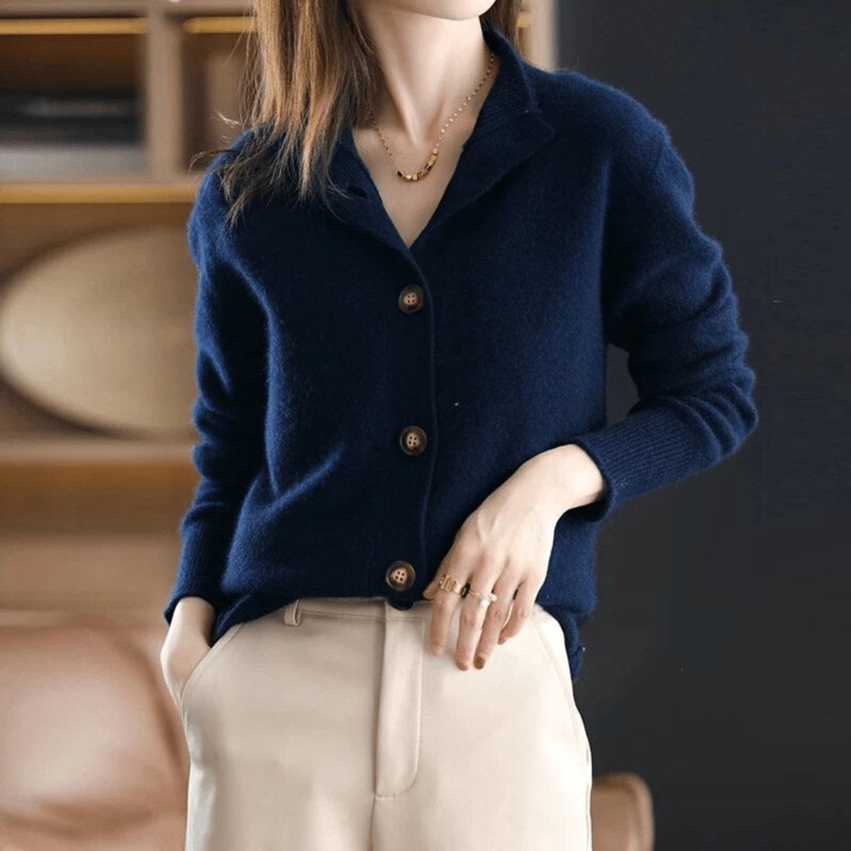 Women's Soft Cashmere Blend Button-Up Knit Cardigan - Dark Blue