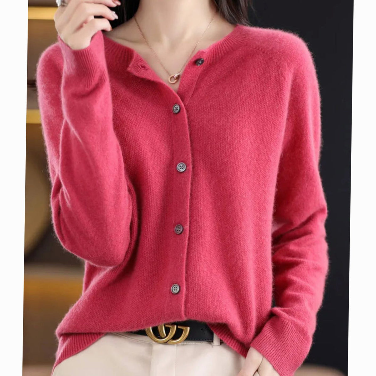 Women's Soft Knit Button-Front V-Neck Cardigan - Dark Pink