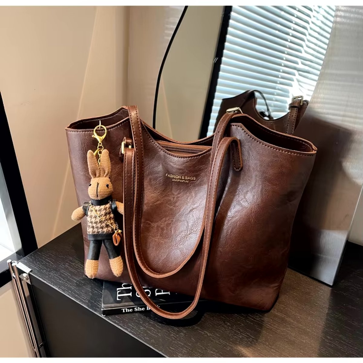 Women's Soft Vegan Leather Structured Shoulder Tote Bag Bunny Charm