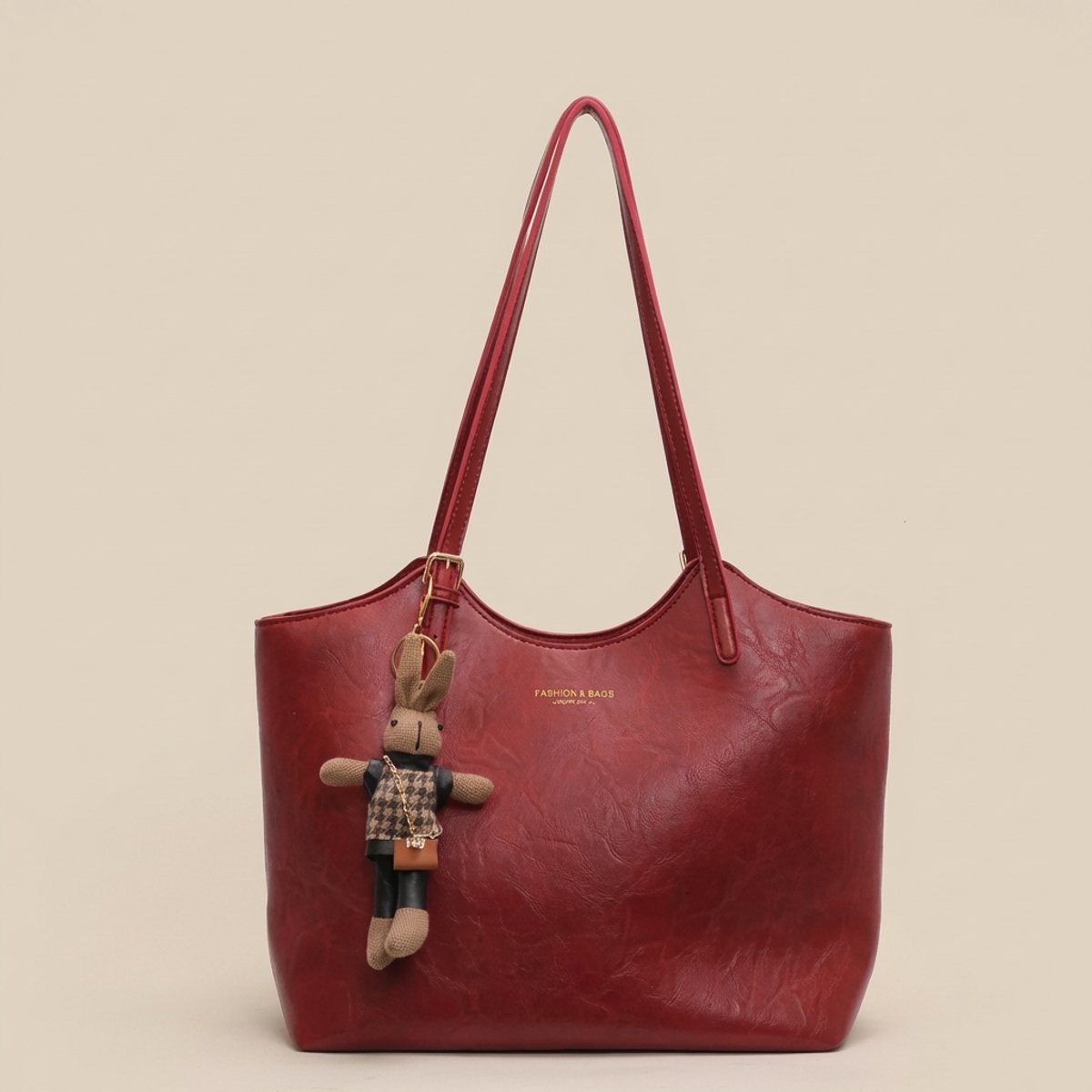 Women's Soft Vegan Leather Structured Shoulder Tote Bag Bunny Charm - Red
