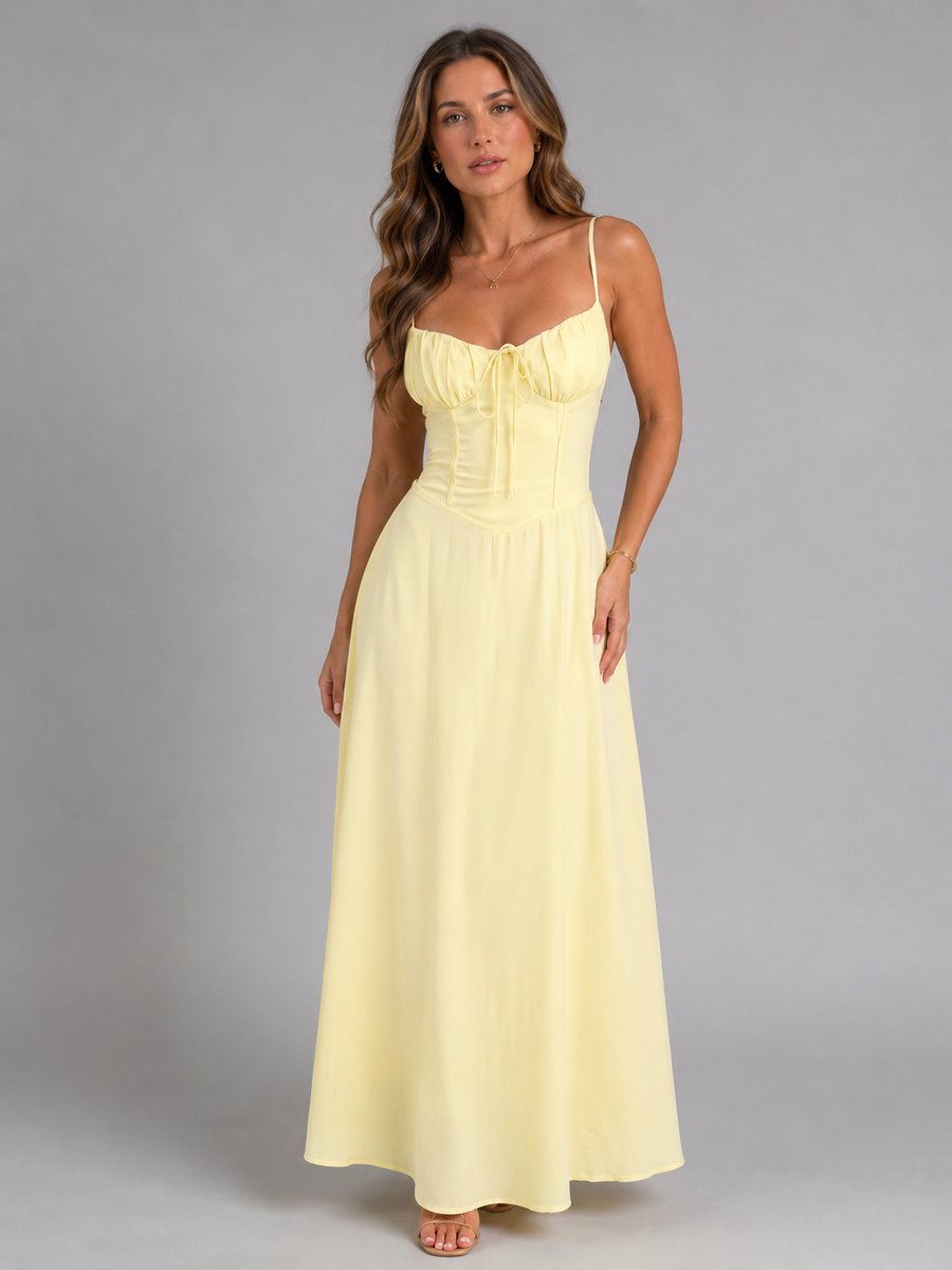 Women's Spaghetti Strap Corset Bodice Flowing Maxi Dress - Yellow