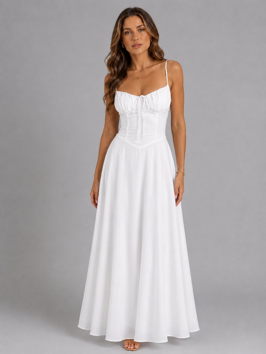Women's Spaghetti Strap Corset Bodice Flowing Maxi Dress - White