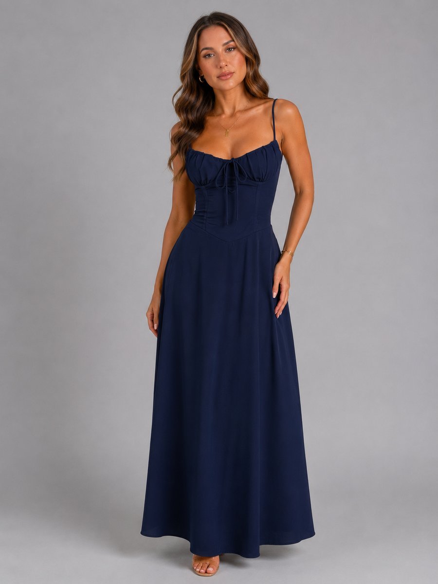 Women's Spaghetti Strap Corset Bodice Flowing Maxi Dress - Navy