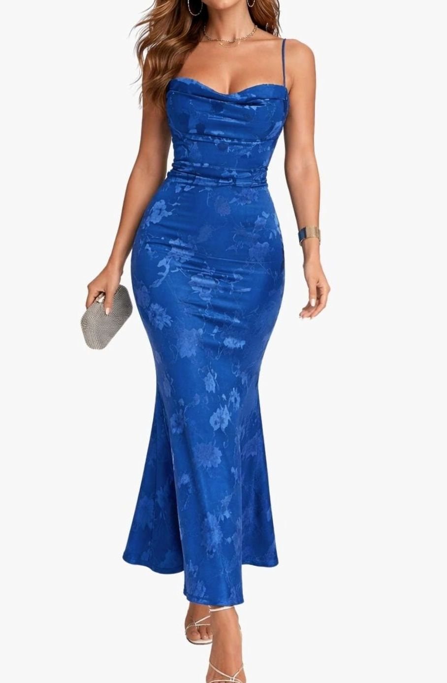 Women's Spaghetti Strap Cowl-Neck Floral Jacquard Mermaid Maxi Party Dress
