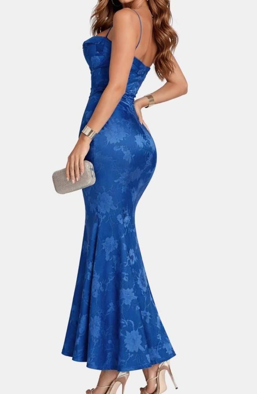 Women's Spaghetti Strap Cowl-Neck Floral Jacquard Mermaid Maxi Party Dress