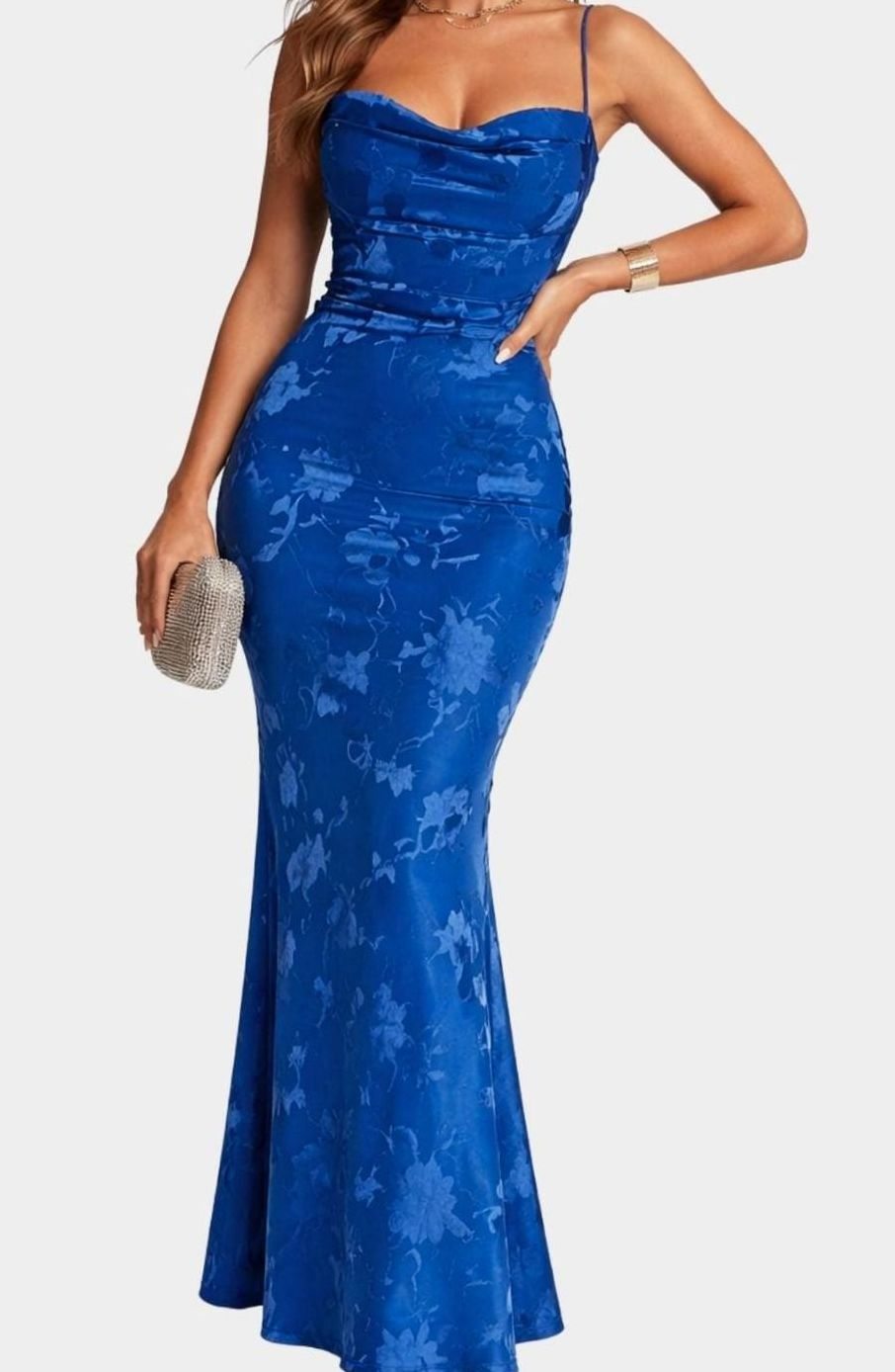 Women's Spaghetti Strap Cowl-Neck Floral Jacquard Mermaid Maxi Party Dress