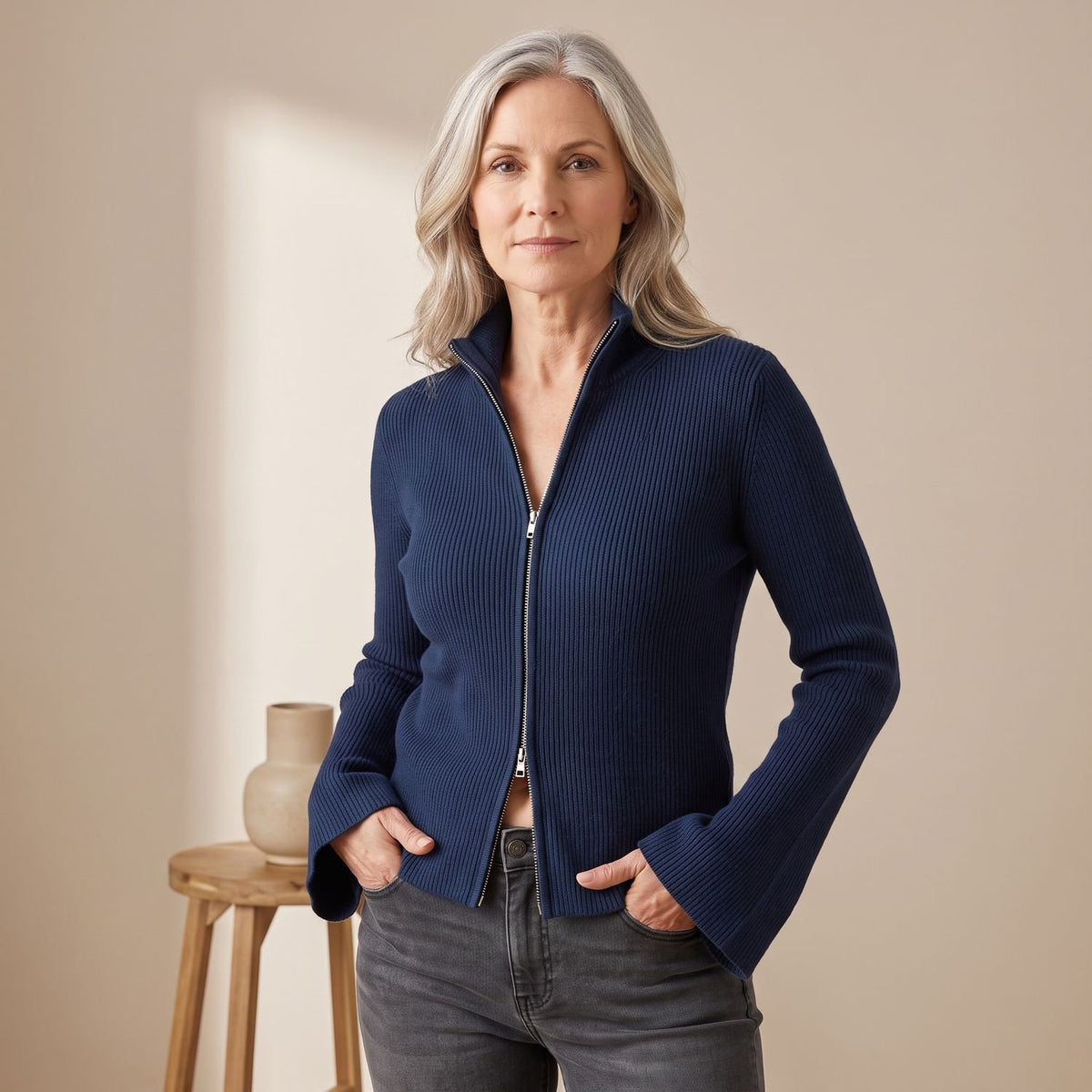Women's Sparkle Ribbed Knit Zip-Front Flared-Cuff Jacket - Navy