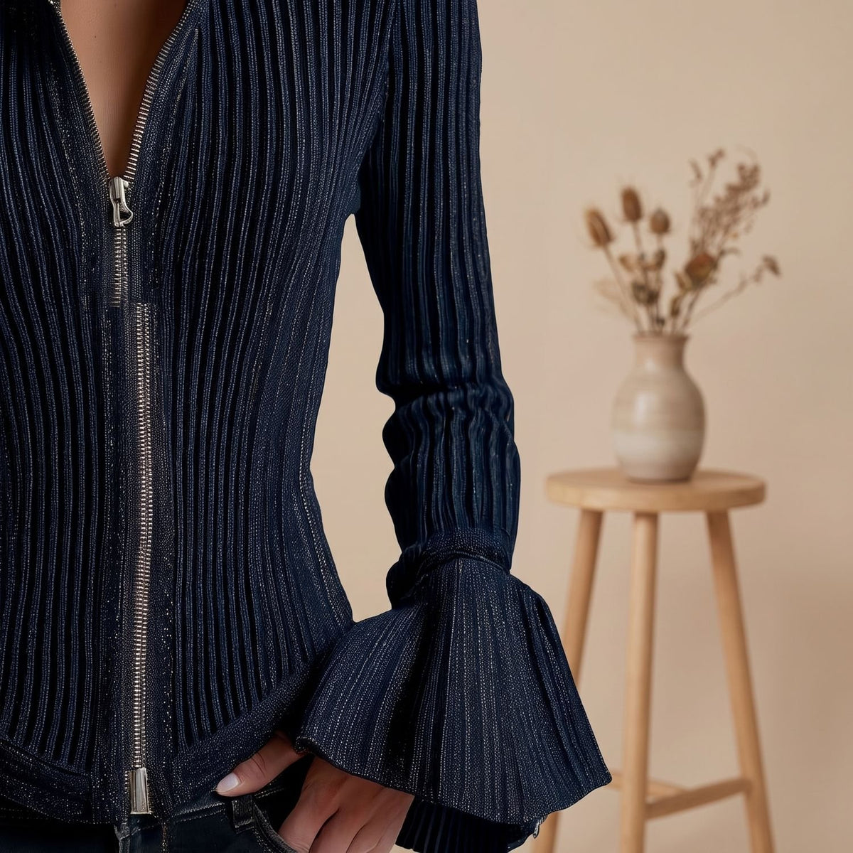 Women's Sparkle Ribbed Knit Zip-Front Flared-Cuff Jacket