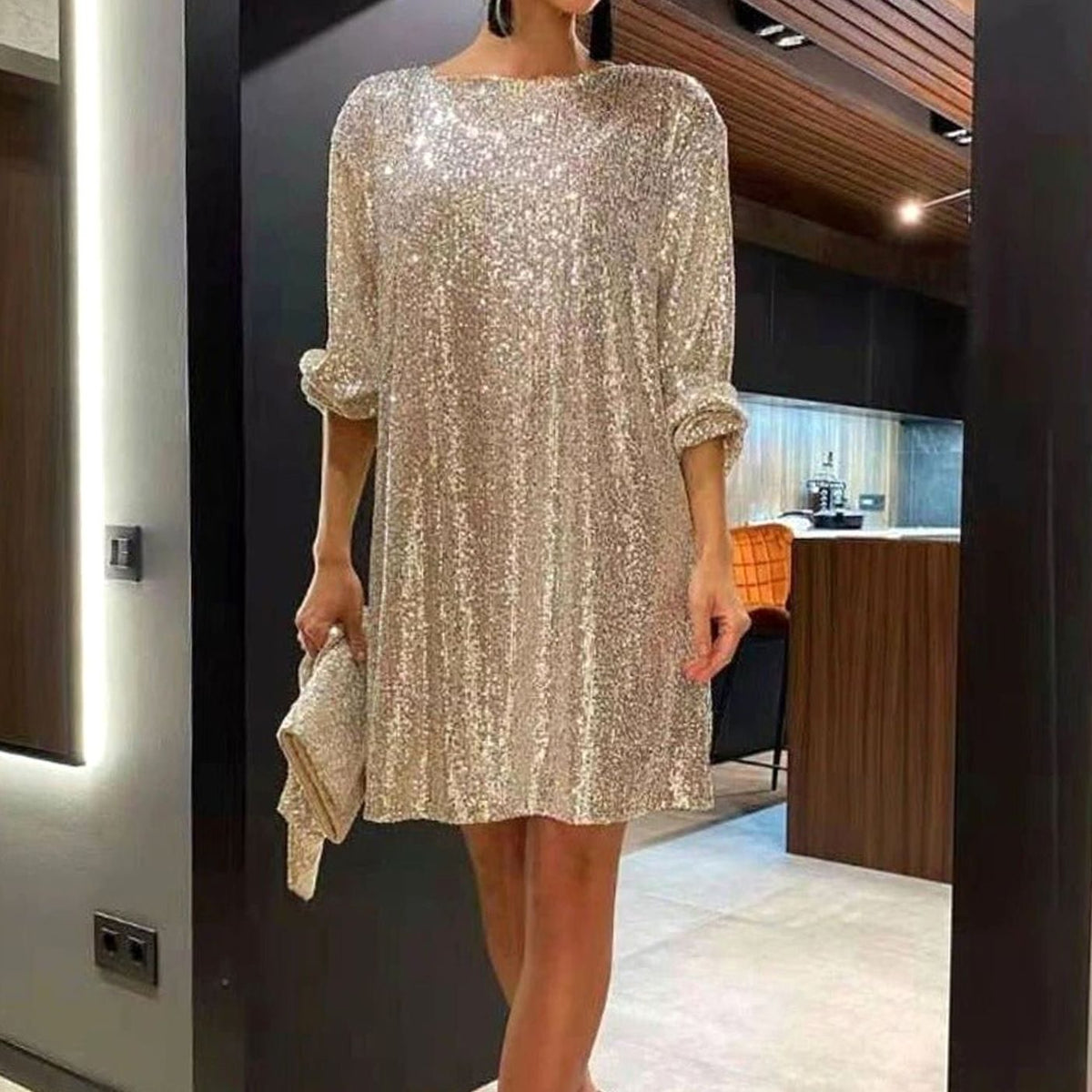 Women's Sparkly Sequin Mini Christmas Party Dress Asymmetric Hem - Round Neck Gold