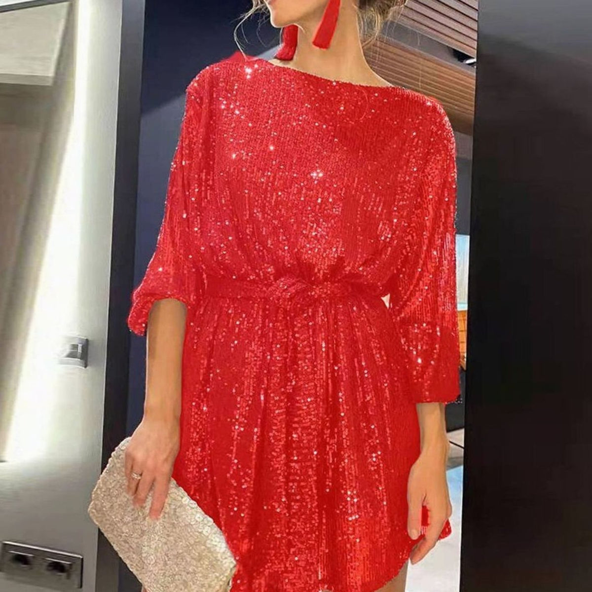 Women's Sparkly Sequin Mini Christmas Party Dress Asymmetric Hem - Red