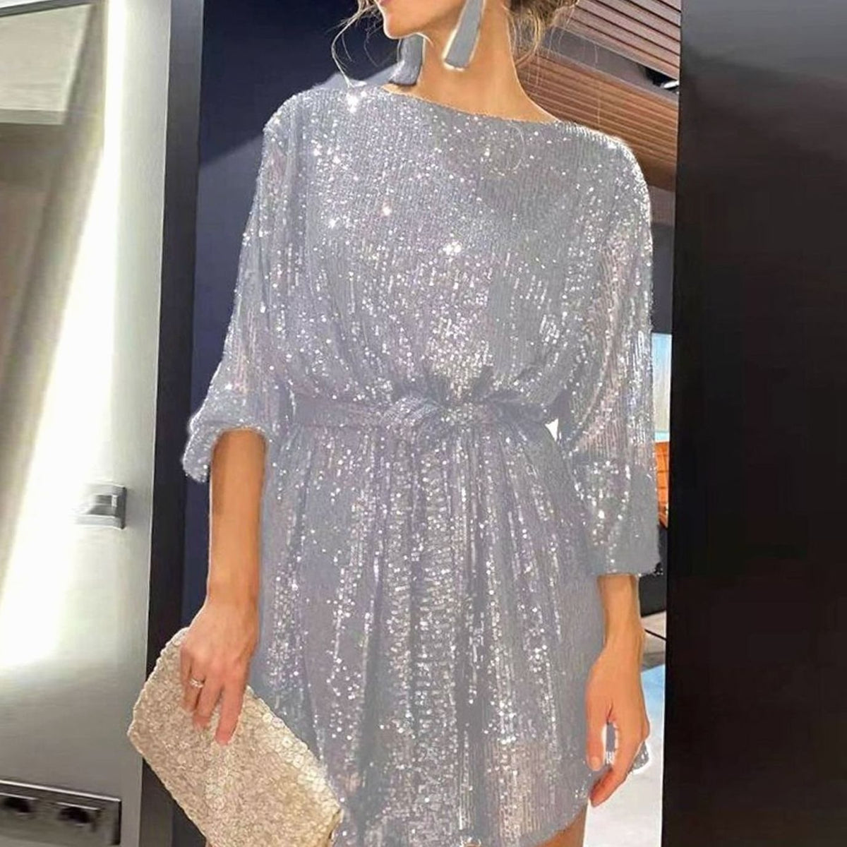 Women's Sparkly Sequin Mini Christmas Party Dress Asymmetric Hem - Silver
