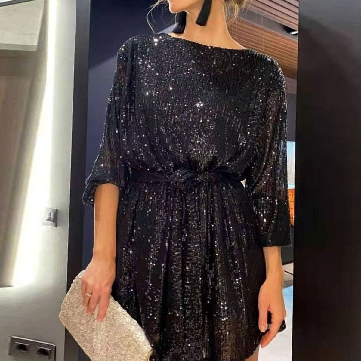 Women's Sparkly Sequin Mini Christmas Party Dress Asymmetric Hem
