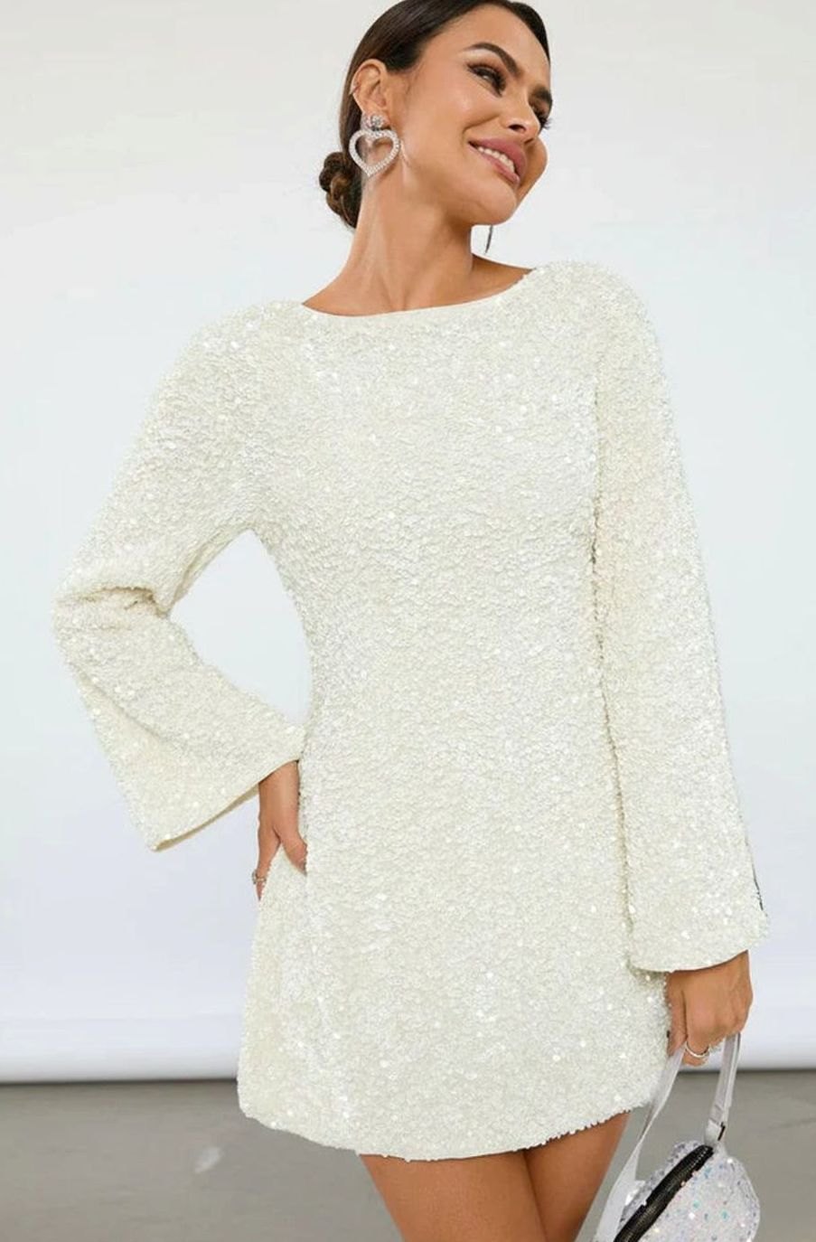 Women's Sparkly Sequin Mini Christmas Party Dress Bell Sleeves