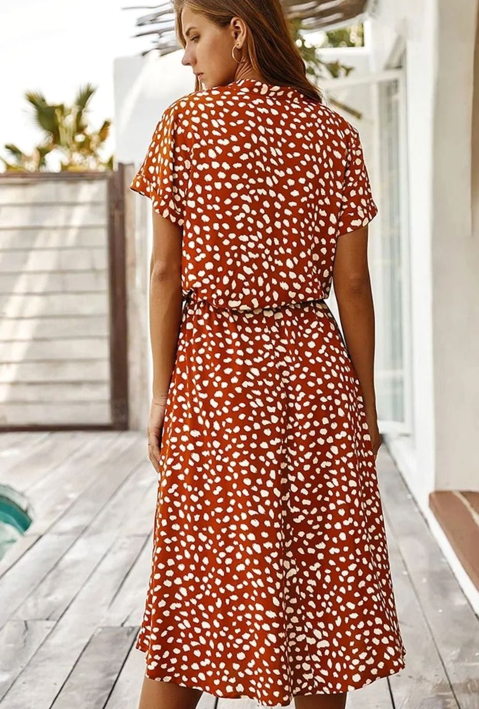 Women's Spotted Print Drawstring-Waist Short-Sleeve Midi Dress