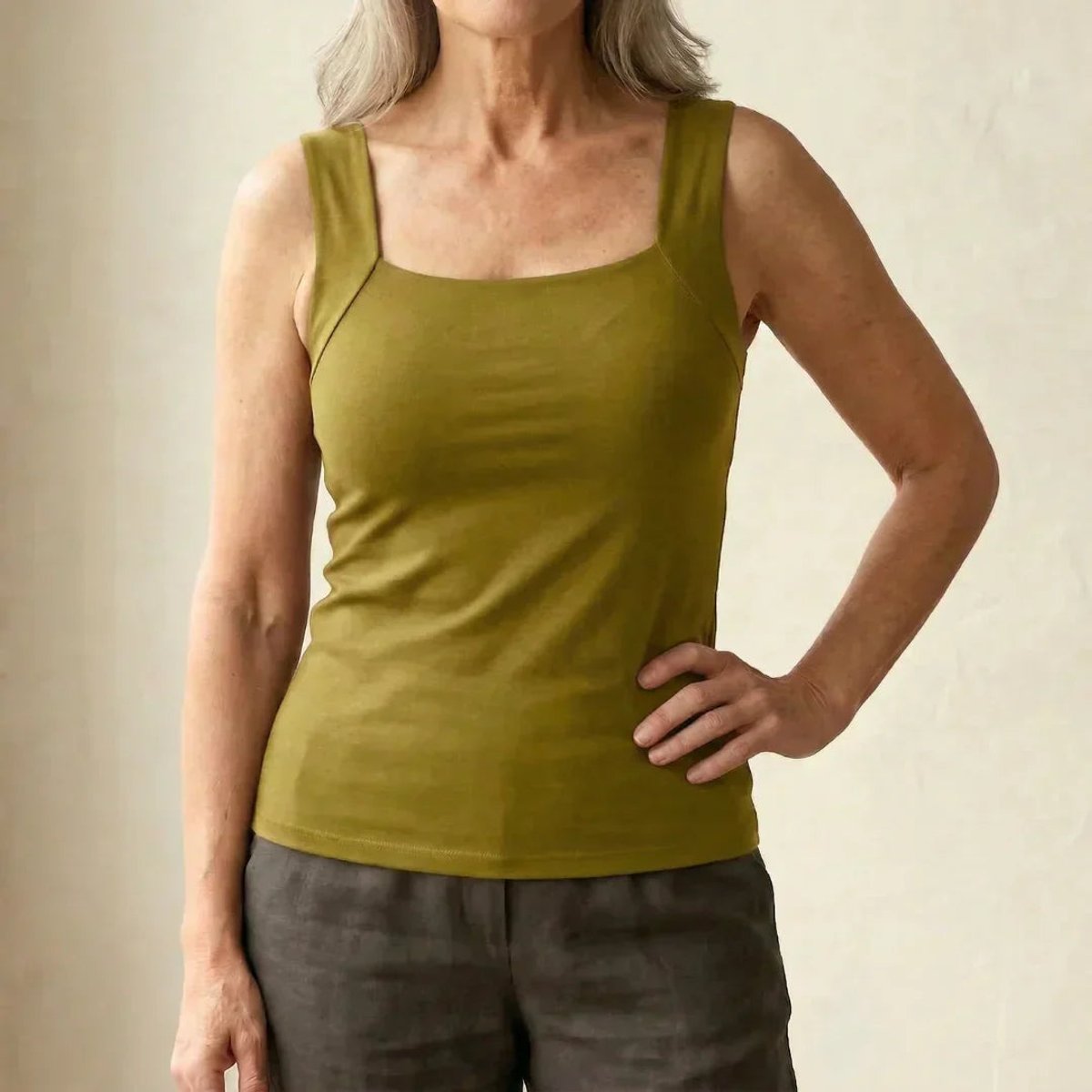 Women's Square-Neck Built-In Bra Sleeveless Tank Top - Olive Green