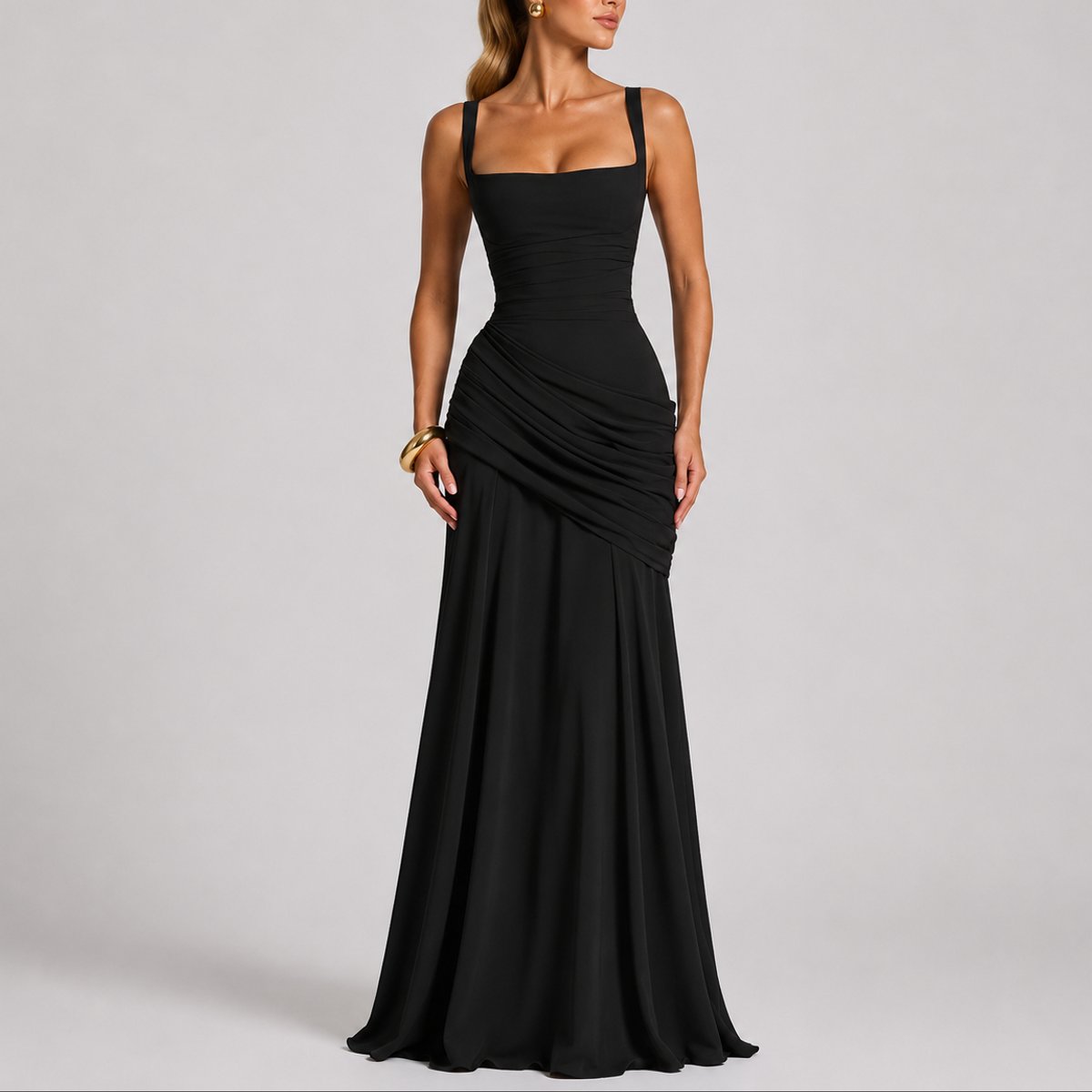 Women's Square-Neck Ruched Fitted Maxi Evening Dress - Black