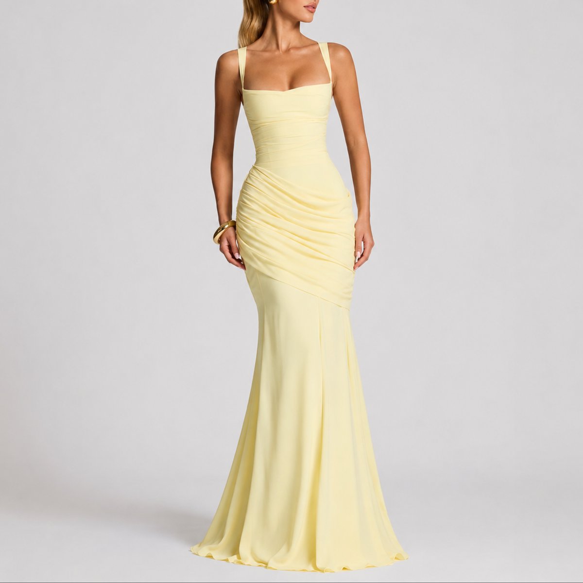 Women's Square-Neck Ruched Fitted Maxi Evening Dress - Yellow