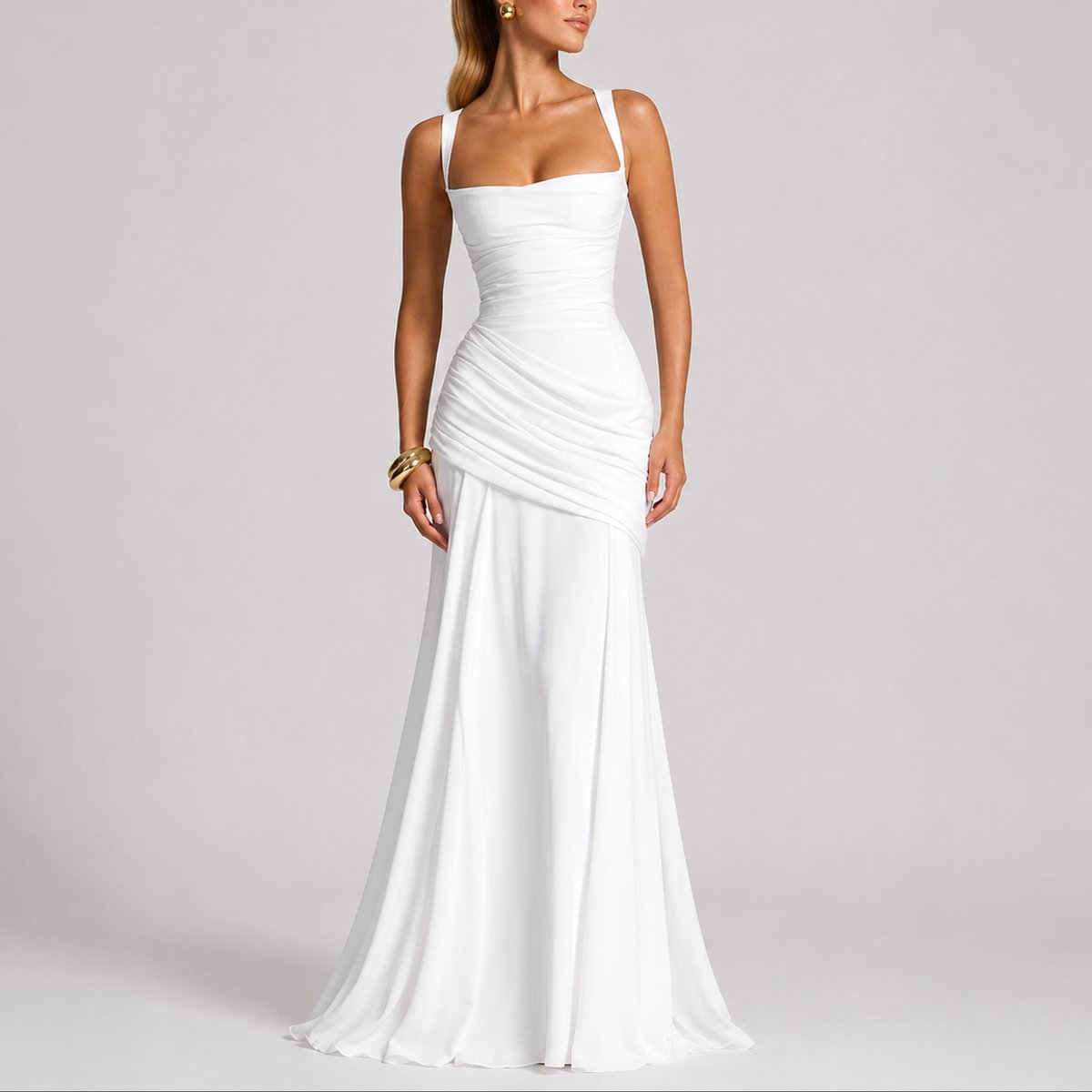 Women's Square-Neck Ruched Fitted Maxi Evening Dress - White